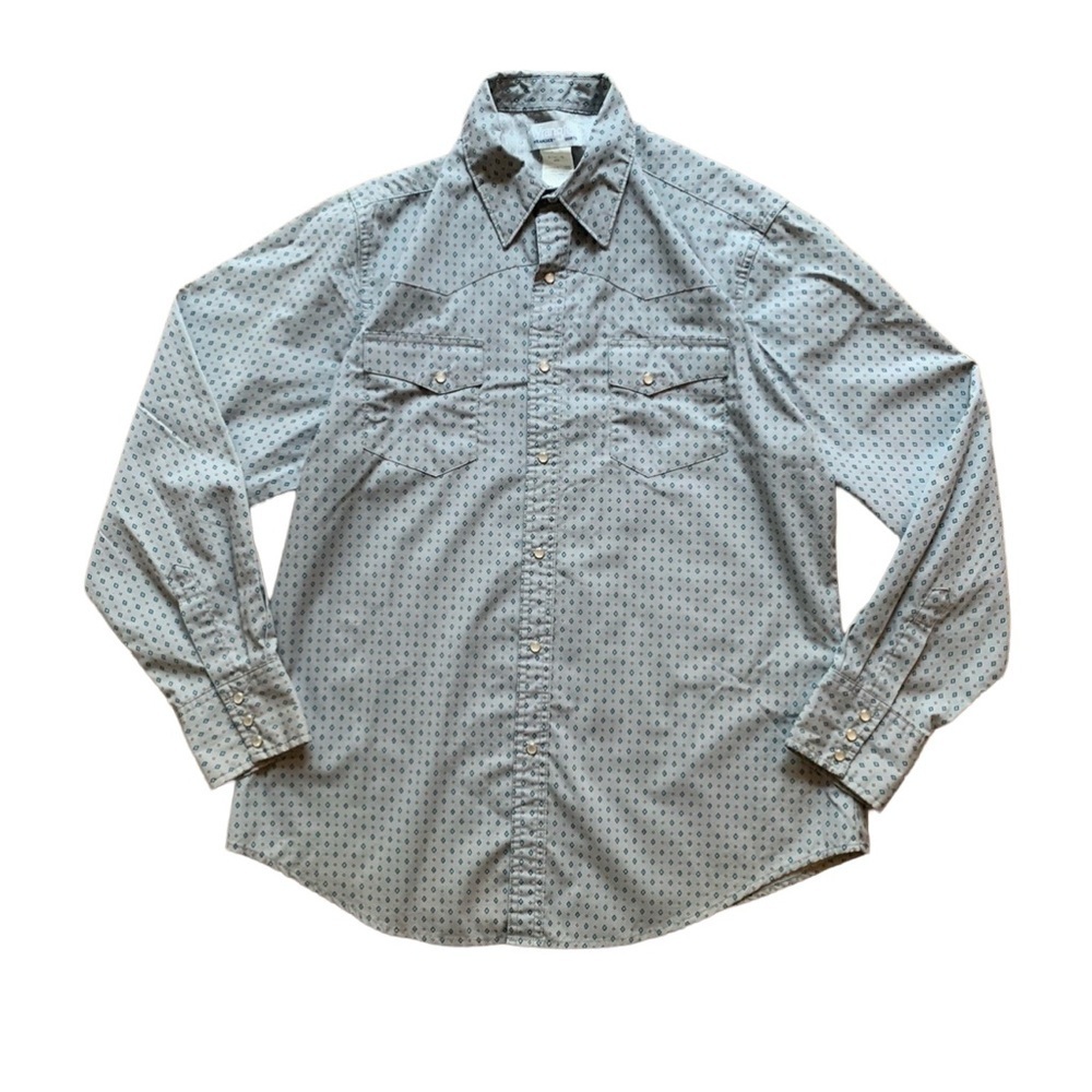 Men's Wrangler Wrancher Pearl Snap Size L Grey With Blue Diamonds